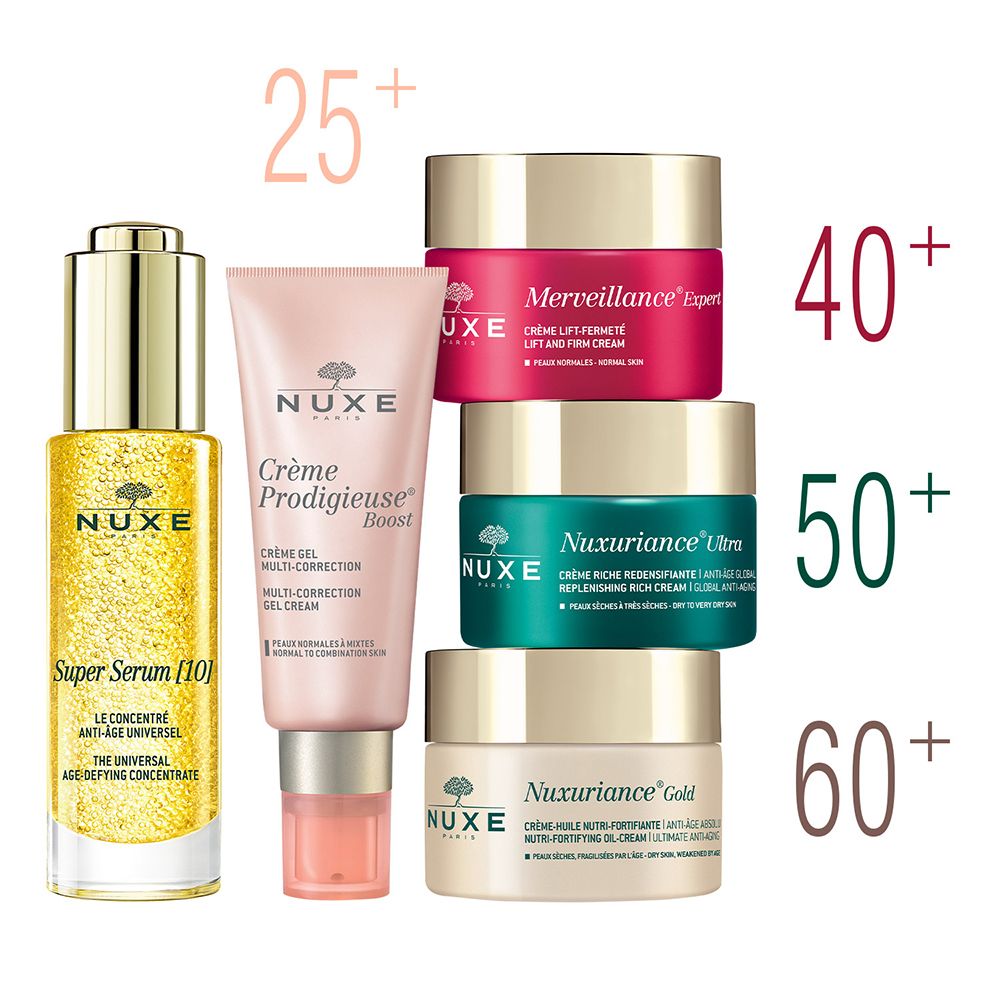 Gamma di prodotti: siero e creme. Scritte: NUXE, 25+, 40+, 50+, 60+.