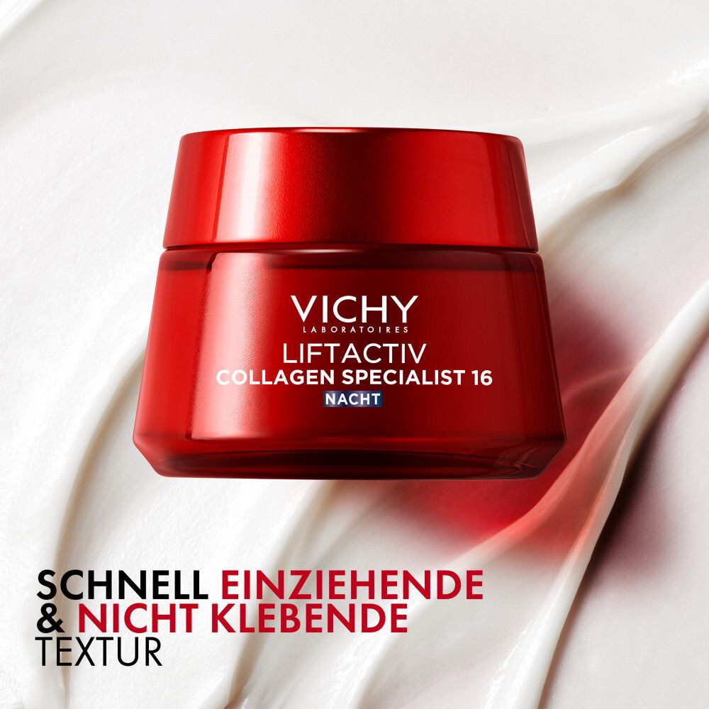 Vichy Liftactiv Collagen Specialist 16 crema notte in vaso rosso, texture a rapido assorbimento.