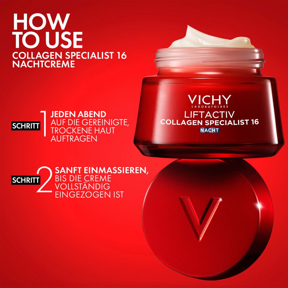 Applicazione della crema notte Vichy Liftactiv Collagen Specialist 16: applicare la sera su pelle asciutta.