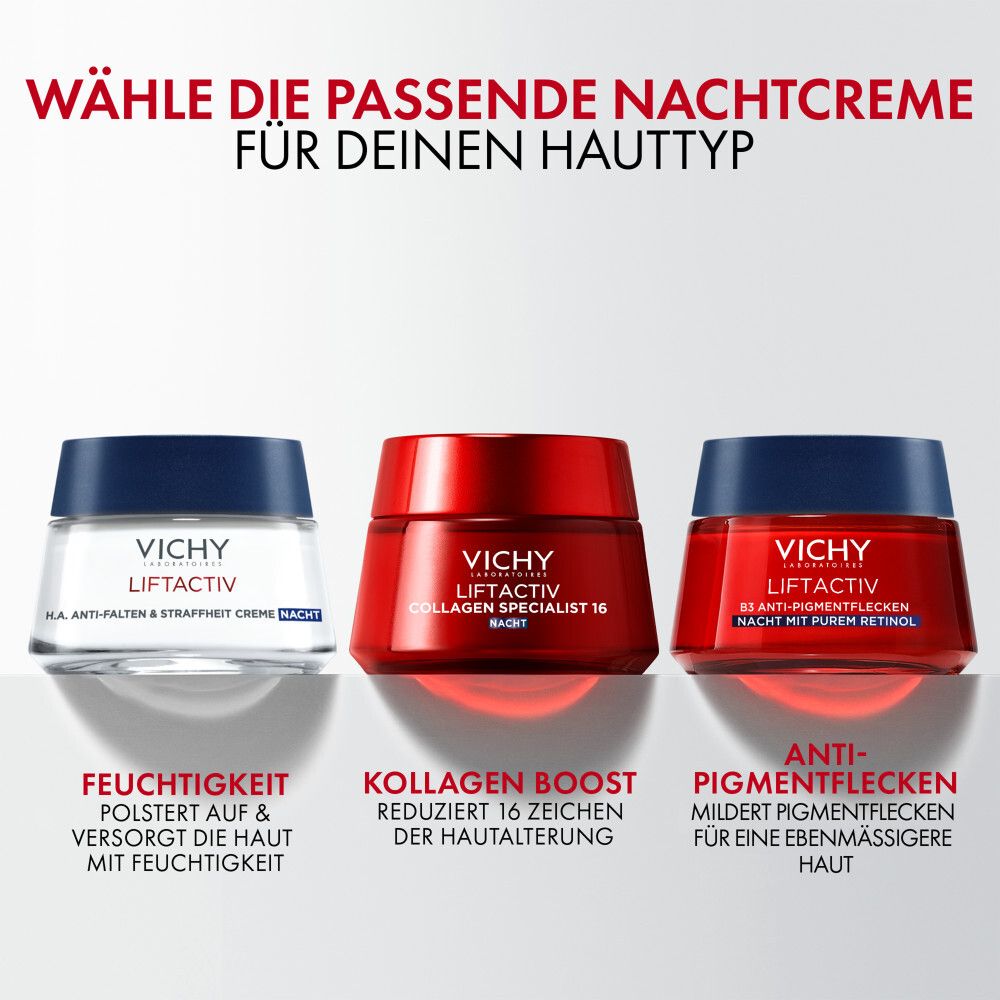Confronto di tre creme notte Vichy Liftactiv: idratazione, potenziamento collagene, anti-macchie.