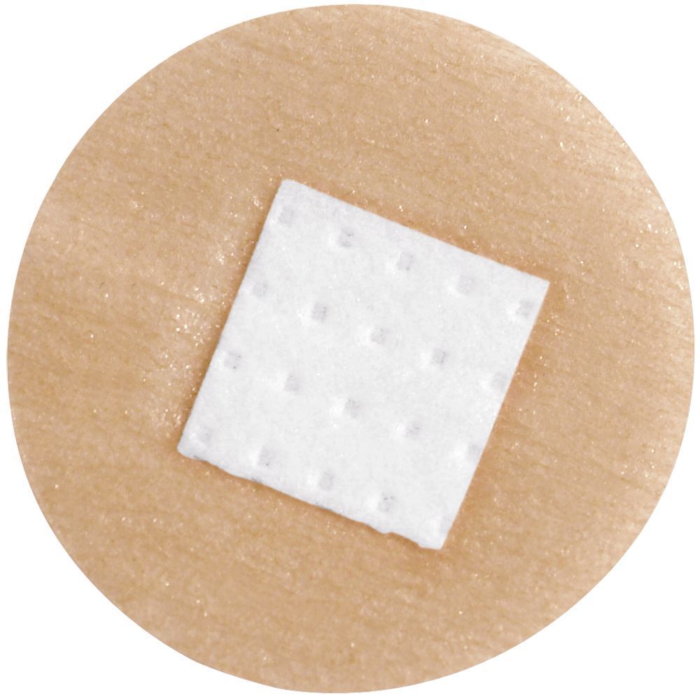 Cerotto rotondo con parte centrale quadrata bianca. Cerotto in tessuto non tessuto.