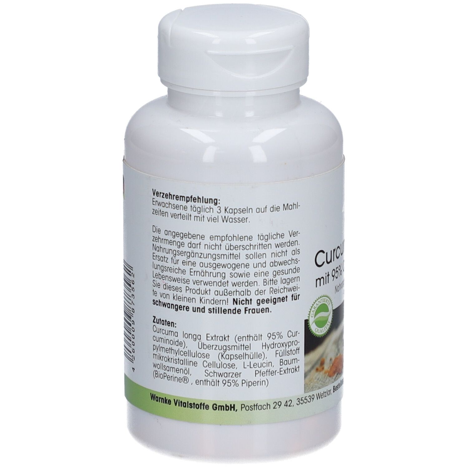 Retro del flacone. Testo: Raccomandazioni, ingredienti. Sigillo. Warnke Vitalstoffe GmbH.