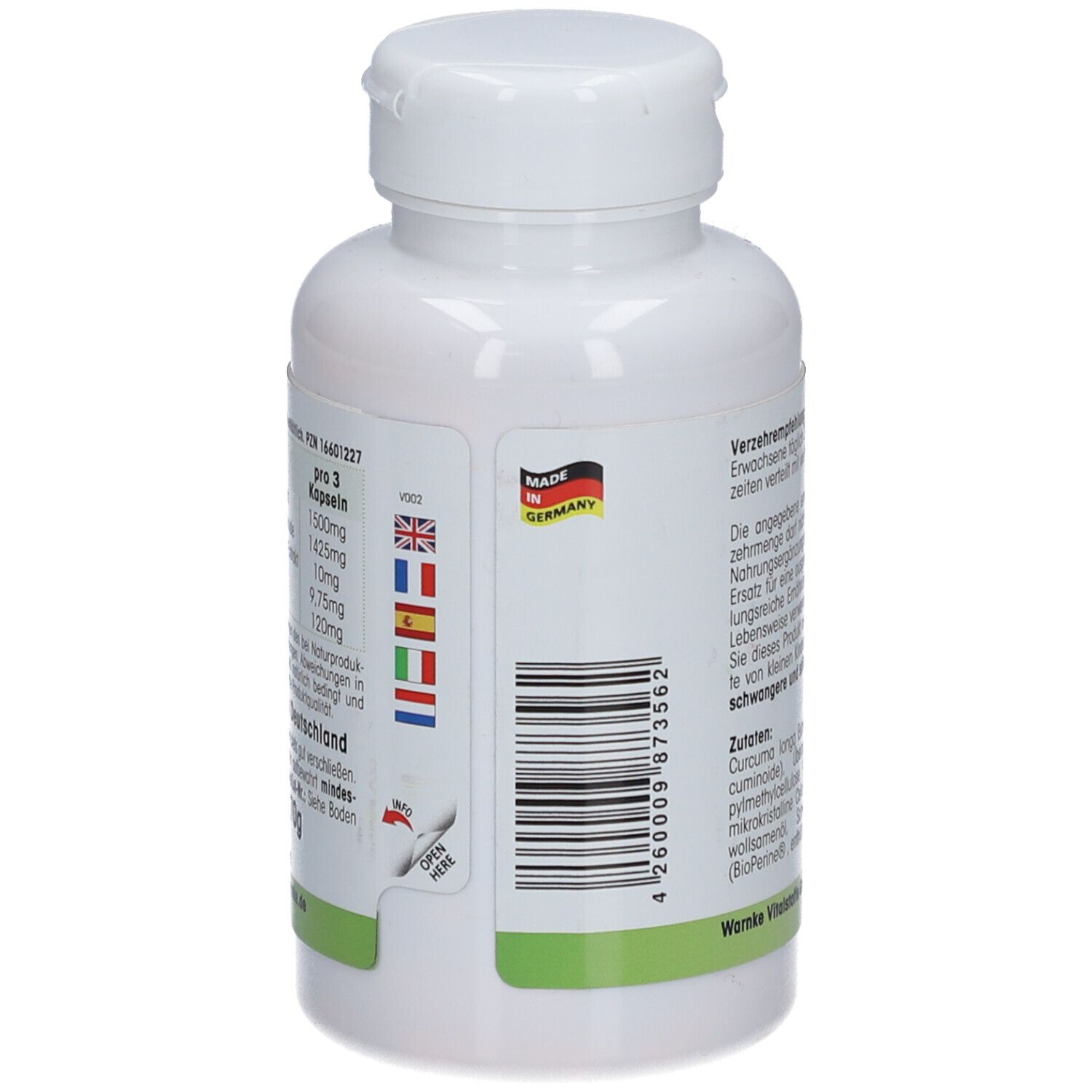 Retro del flacone. Testo: Dosaggio, Made in Germany, codice a barre. Bandiere.