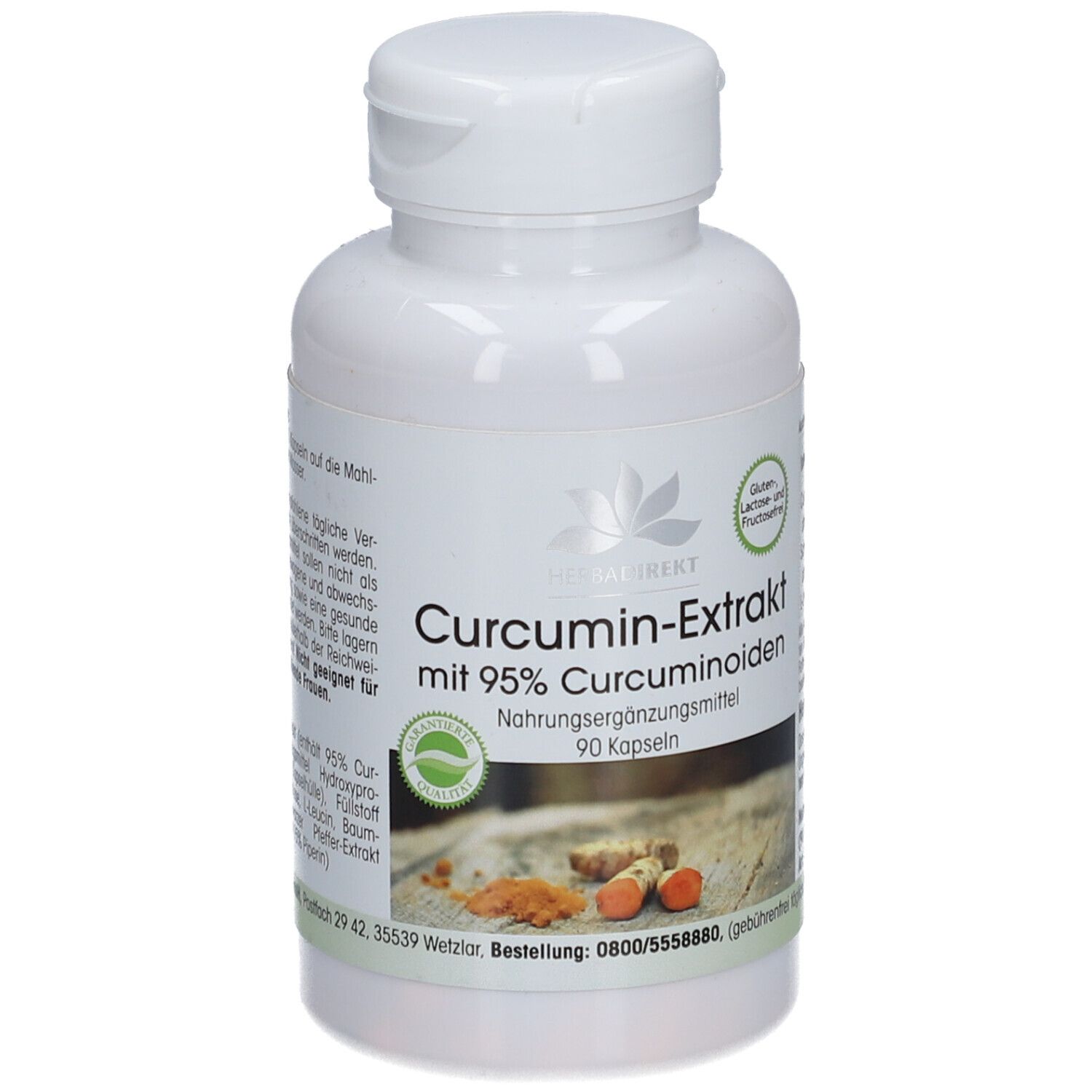 Flacone bianco con capsule. Scritta: Curcumin-Extrakt mit 95% Curcuminoiden. 90 capsule. Sigillo.