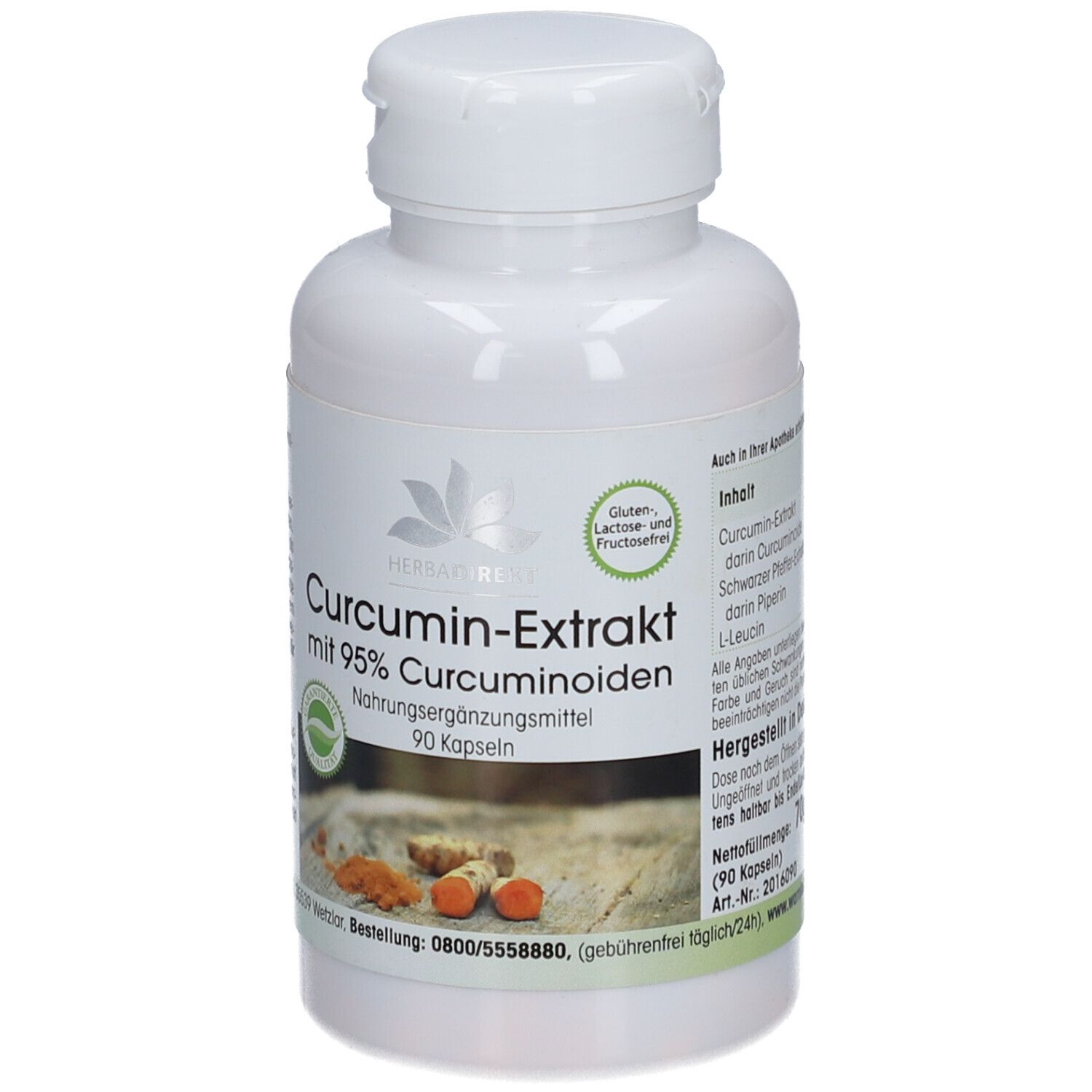 Flacone bianco con capsule. Scritta: Curcumin-Extrakt mit 95% Curcuminoiden. 90 capsule. Sigillo.