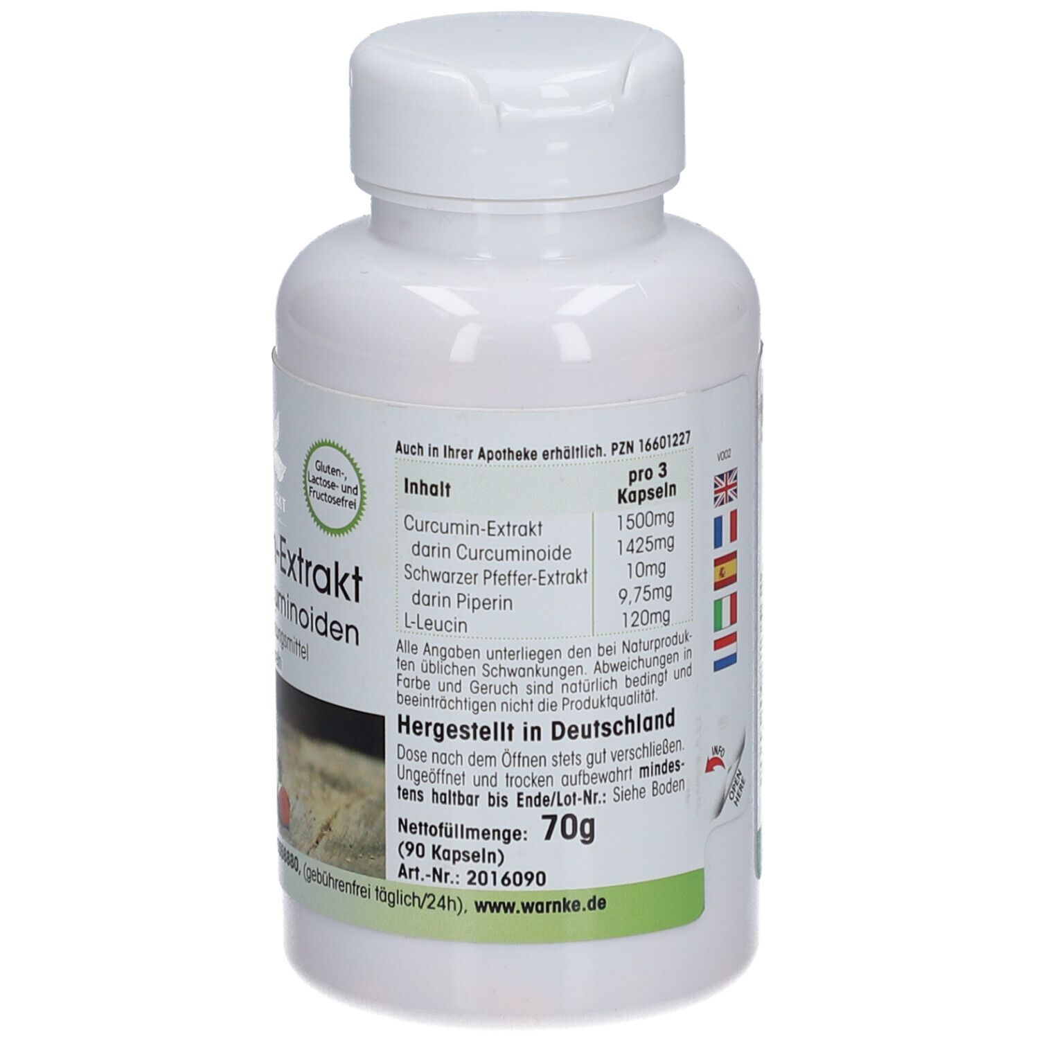 Flacone bianco con capsule. Scritta: Curcumin-Extrakt mit 95% Curcuminoiden. 90 capsule. Sigillo. Made in Germany.