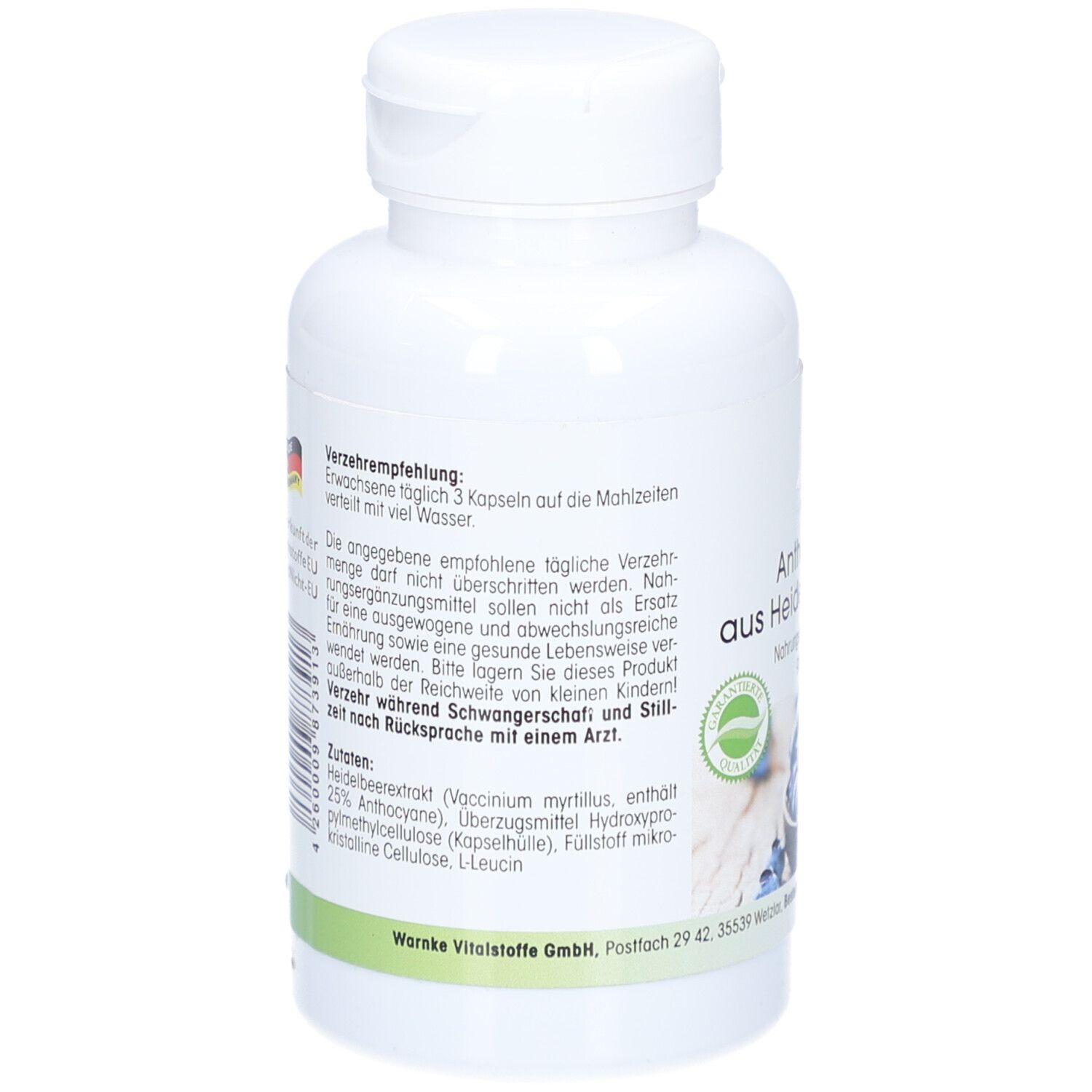 Retro del flacone bianco con capsule. Testo: Raccomandazioni per l'uso, ingredienti. Con logo e origine Germania.