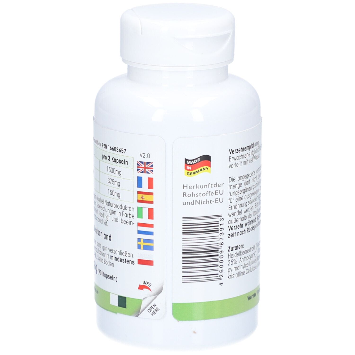 Retro del flacone bianco con capsule. Testo: Informazioni nutrizionali, origine Germania. Con codice a barre.