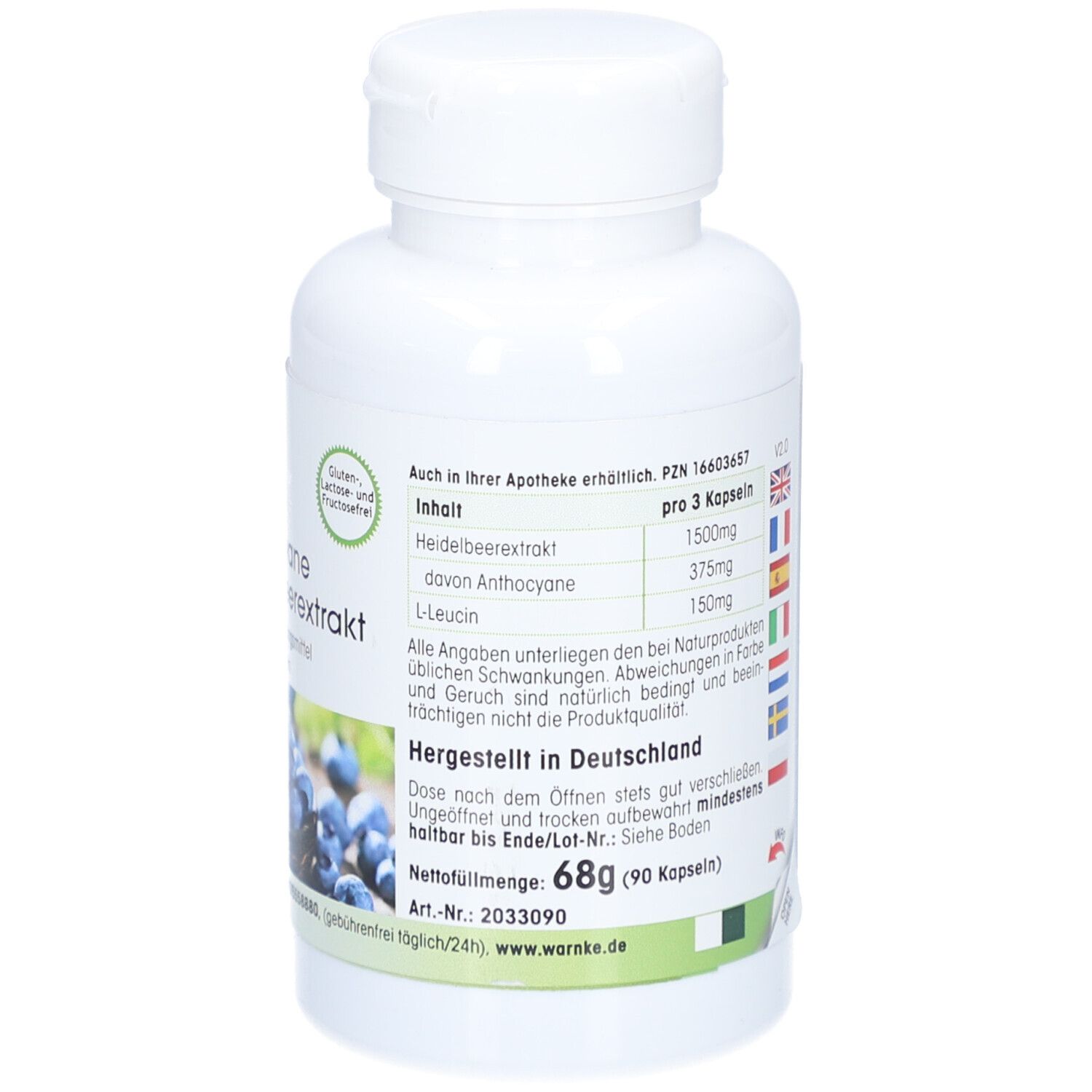 Flacone bianco con capsule. Testo: Ingredienti, prodotto in Germania. Peso netto 68g (90 capsule).