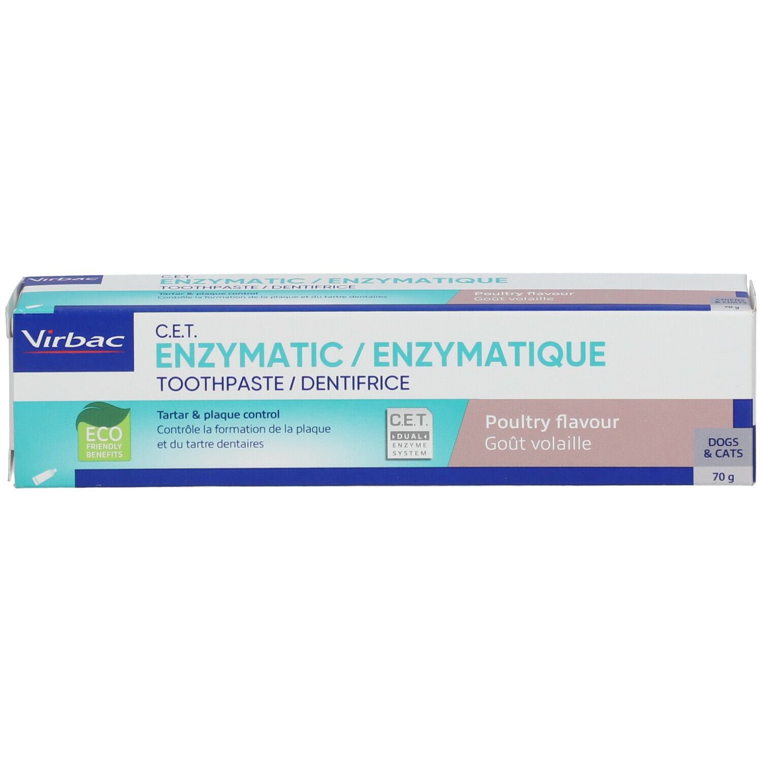 Scatola di dentifricio. Scritta "ENZYMATIQUE". Gusto pollame. Per cani e gatti. 70g.