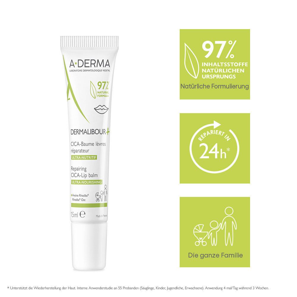 A-DERMA Dermalibour+ CICA Lip Balm. Prodotto e infografiche verdi. 97% ingredienti naturali. Ripara in 24 ore. Per tutta la famiglia.