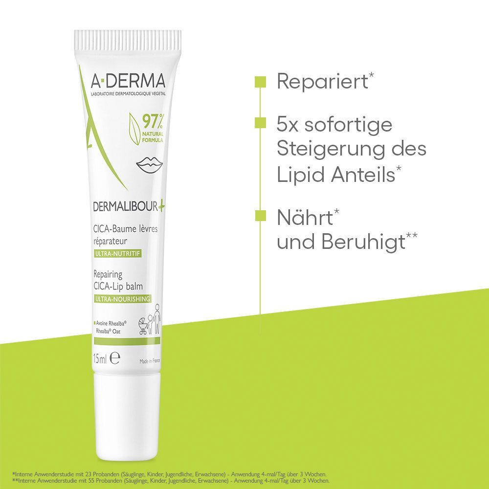 Tubo da 15ml di balsamo riparatore A-Derma Dermalibour+ Cica per labbra. Contiene il 97% di ingredienti di origine naturale.