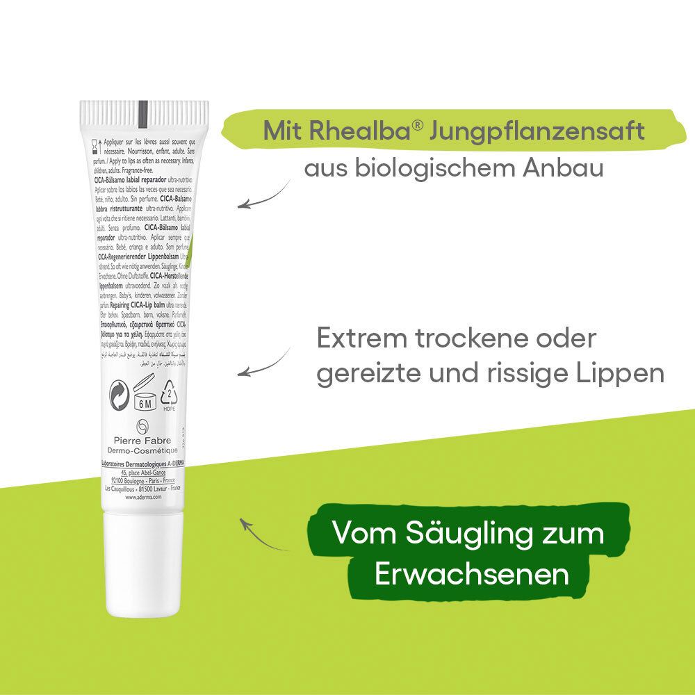 Retro del tubetto di A-DERMA Dermalibour+ CICA Lip Balm. Testo informativo. Con linfa di plantule Rhealba. Per labbra molto secche.