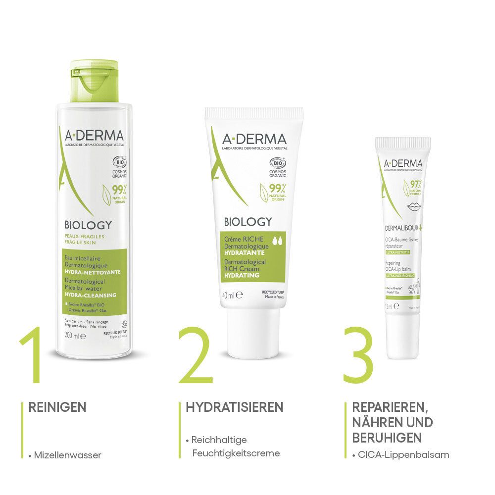 Tre prodotti A-DERMA. 1: Acqua micellare. 2: Crema idratante ricca. 3: CICA Lip Balm. Ripara, nutre e lenisce.