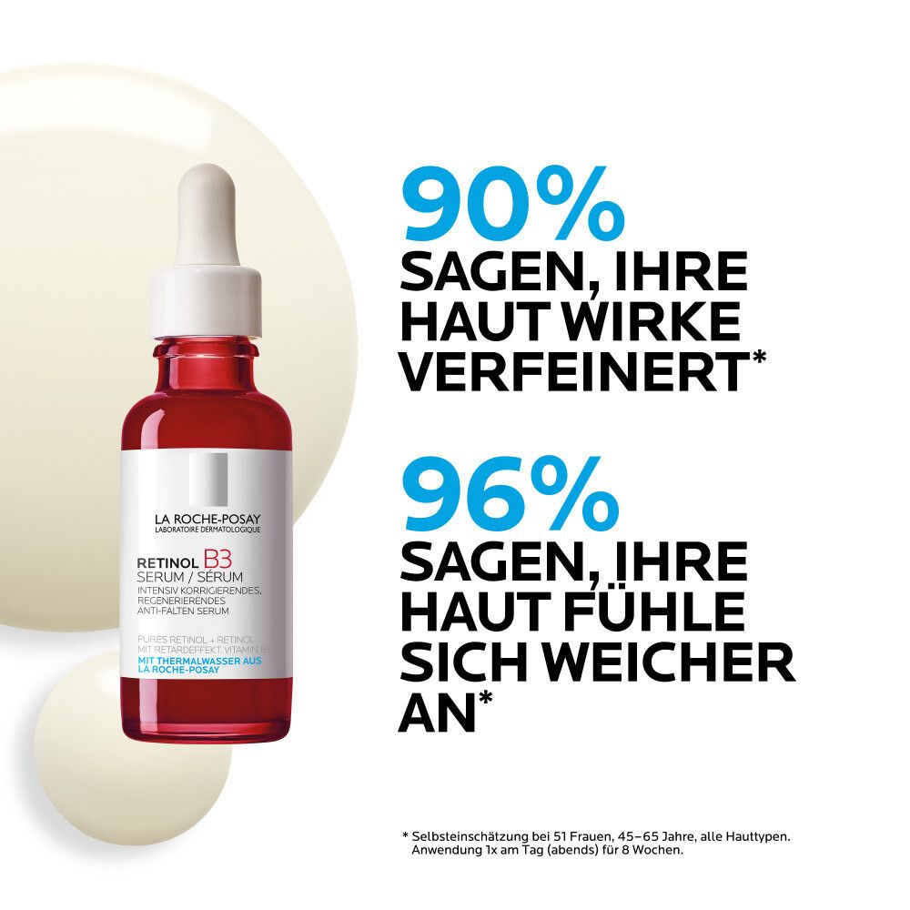 La Roche-Posay Retinol B3 Serum. Testo con percentuali sul miglioramento della pelle.