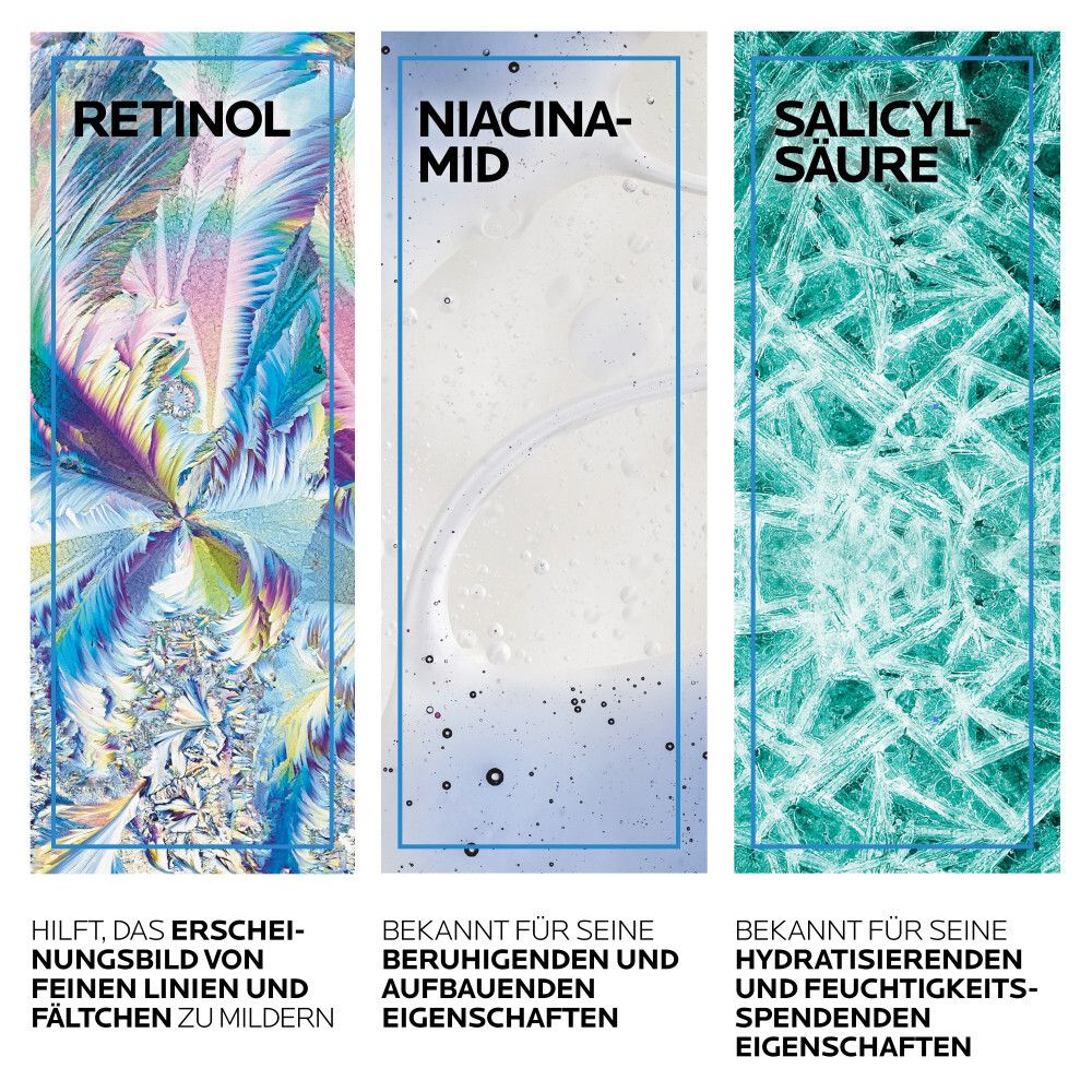 Tre grafici colorati con gli ingredienti Retinolo, Niacinamide e Acido salicilico.