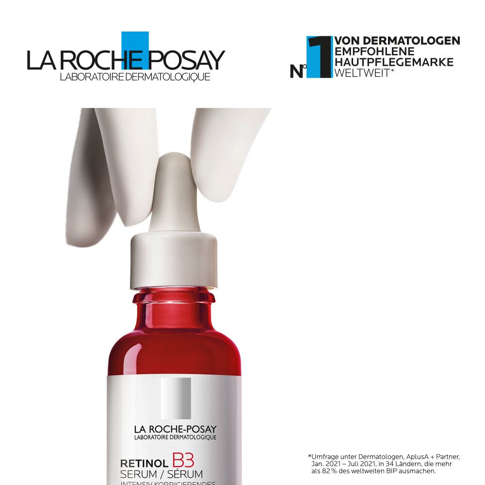 La Roche-Posay Retinol B3 Serum. Logo e testo. Raccomandazione dei dermatologi.