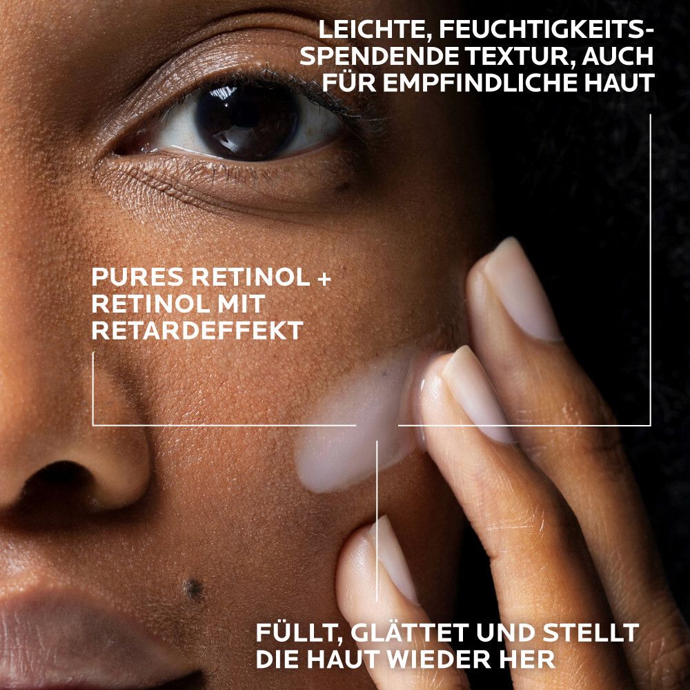 Primo piano di un viso. Applicazione del siero La Roche-Posay Retinol B3.