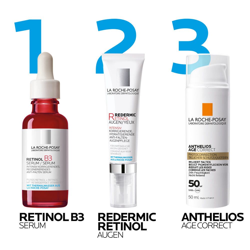 Tre prodotti: Retinol B3 Serum, Redermic Retinol Occhi, Anthelios Age Correct.