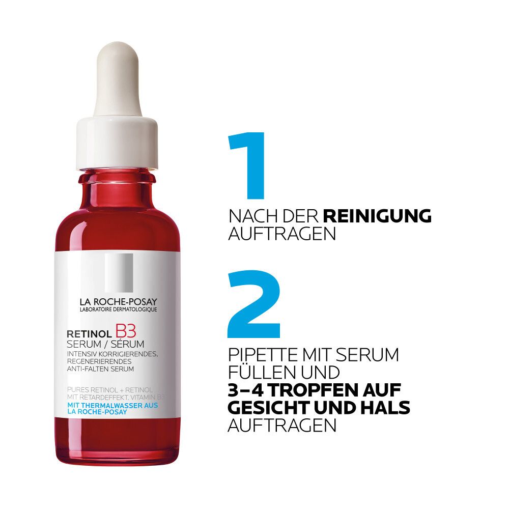 Applicazione del siero La Roche-Posay Retinol B3. Fase 1: Applicare. Fase 2: Dosaggio.