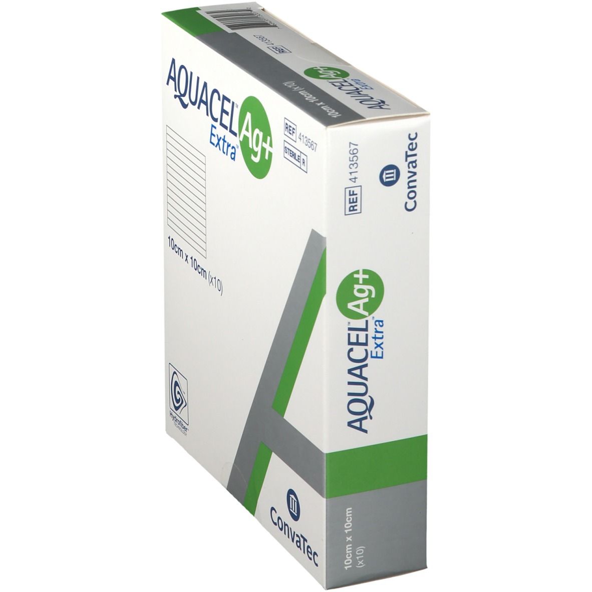 Confezione AQUACEL Ag+ Extra in diagonale. Nome prodotto, dimensioni 10x10 cm. Logo Convatec. Indicazione sterile.