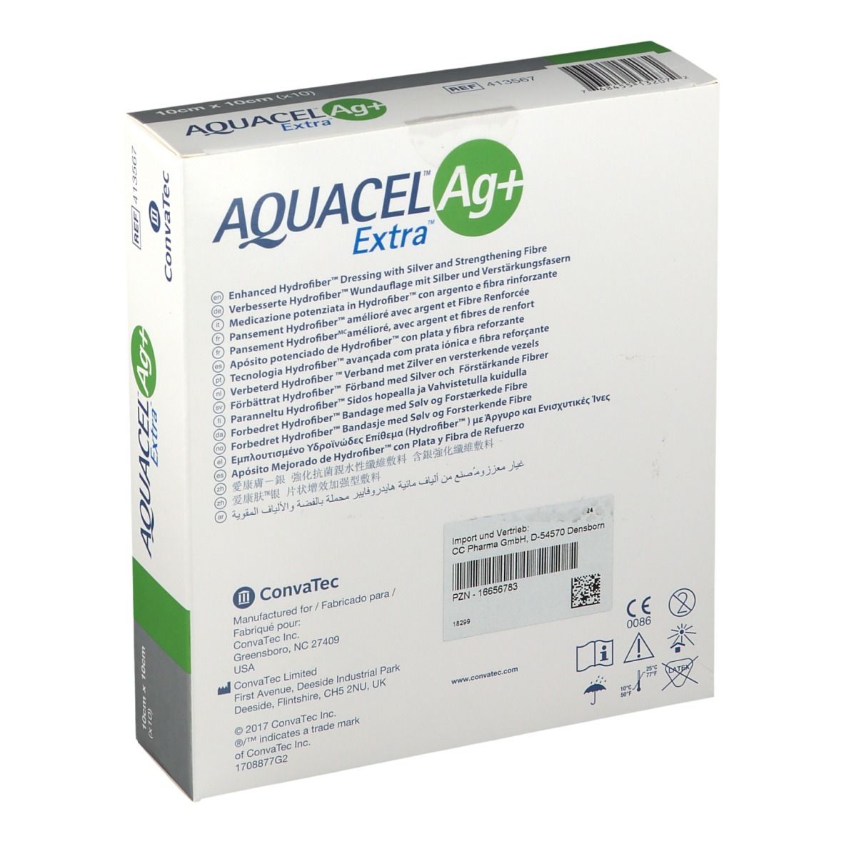 Retro della confezione AQUACEL Ag+ Extra. Informazioni prodotto multilingue. Logo Convatec e contatti.