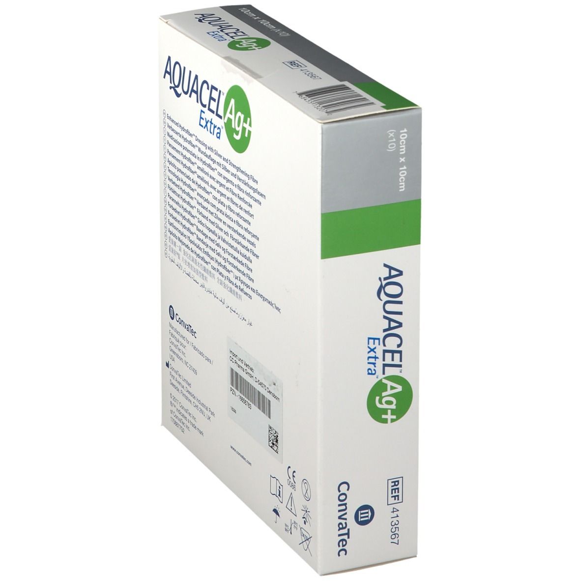 Confezione AQUACEL Ag+ Extra in diagonale. Informazioni prodotto e logo Convatec. Indicazione sterile.