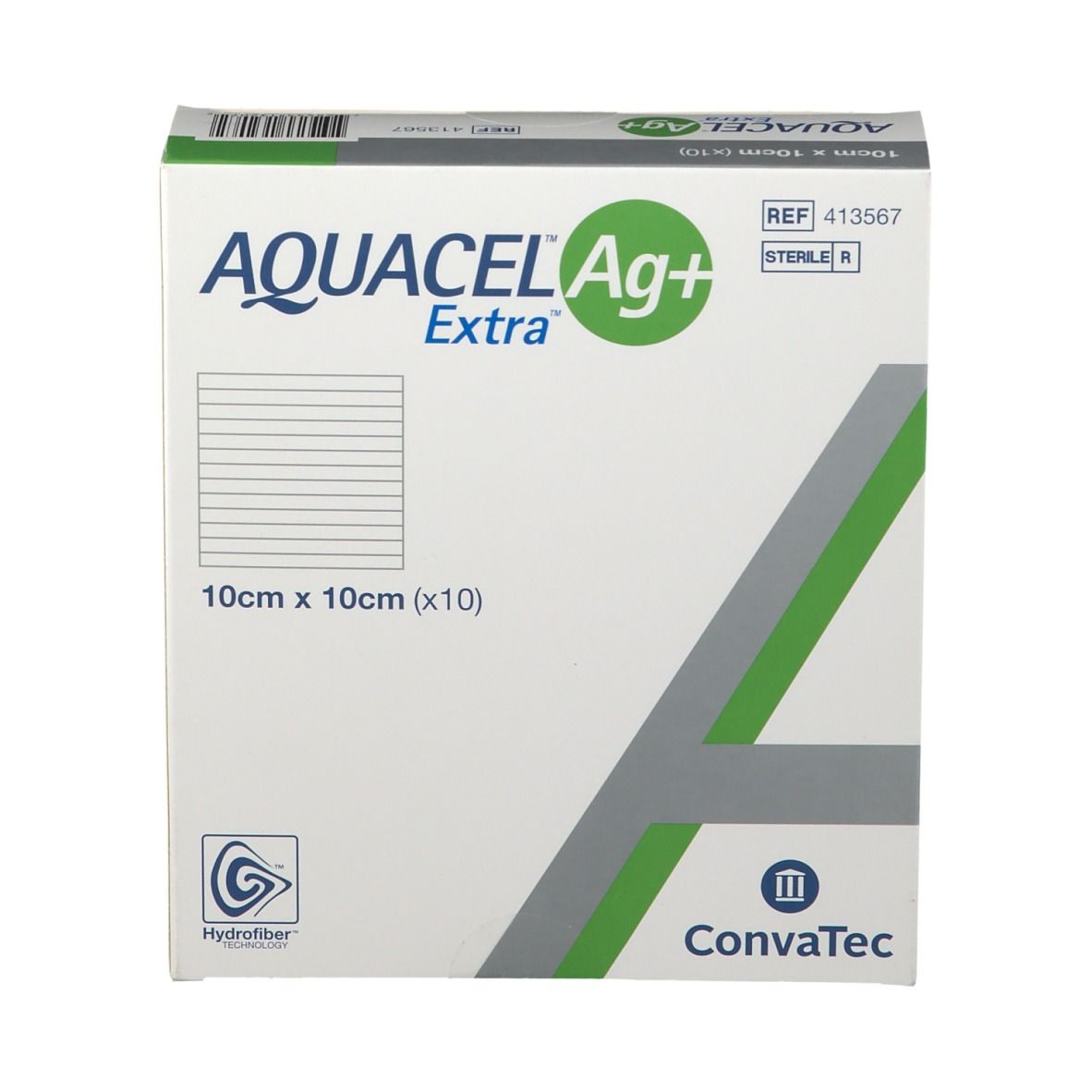 Confezione quadrata AQUACEL Ag+ Extra. Nome prodotto, dimensioni 10x10 cm. Logo Convatec e indicazione sterile.