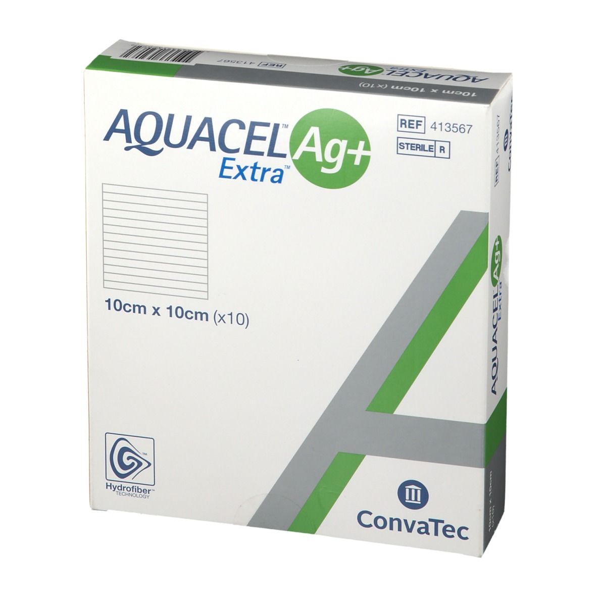 Confezione quadrata AQUACEL Ag+ Extra. Nome prodotto, dimensioni 10x10 cm. Logo Convatec e indicazione sterile.