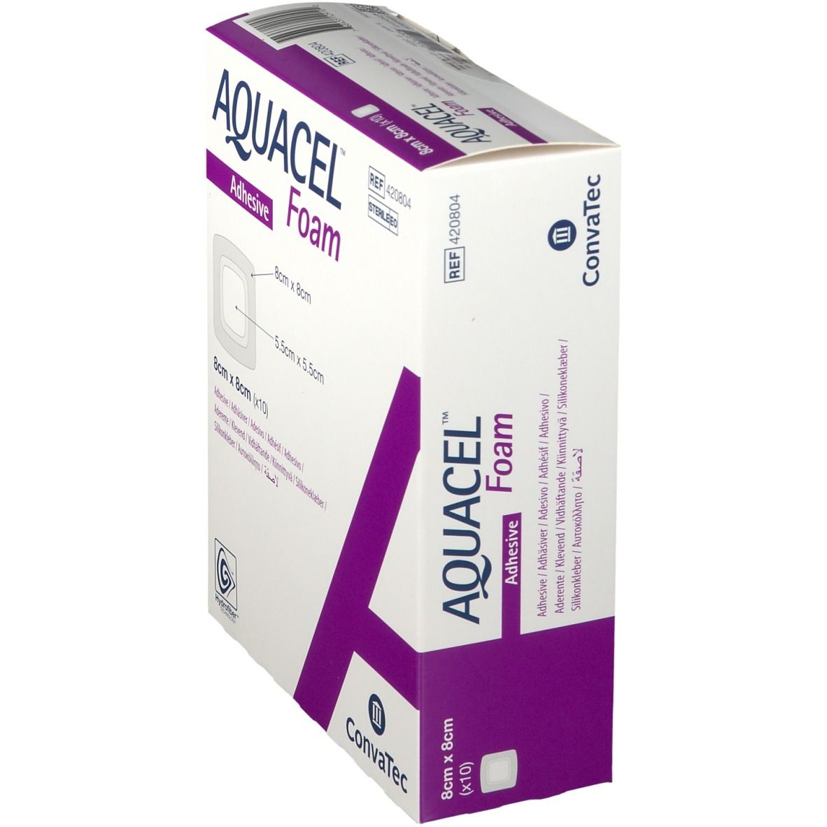 Confezione AQUACEL Foam Adhesive 8 x 8 cm, vista laterale. Nome del prodotto, dimensioni e logo visibili.