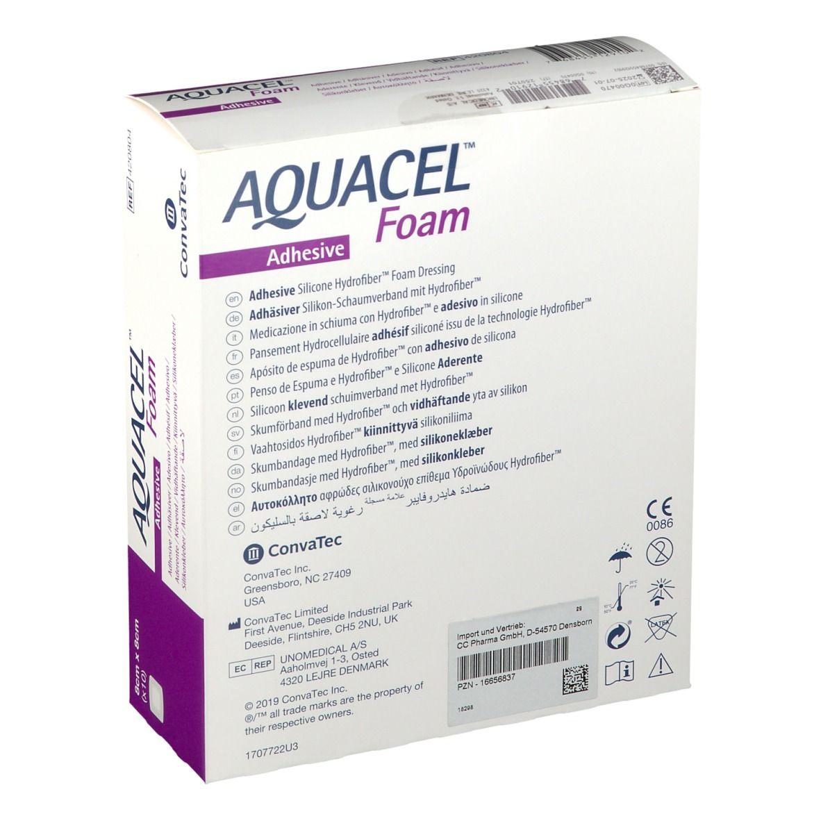 Retro della confezione AQUACEL Foam Adhesive. Contiene informazioni sul prodotto, loghi e certificazioni.