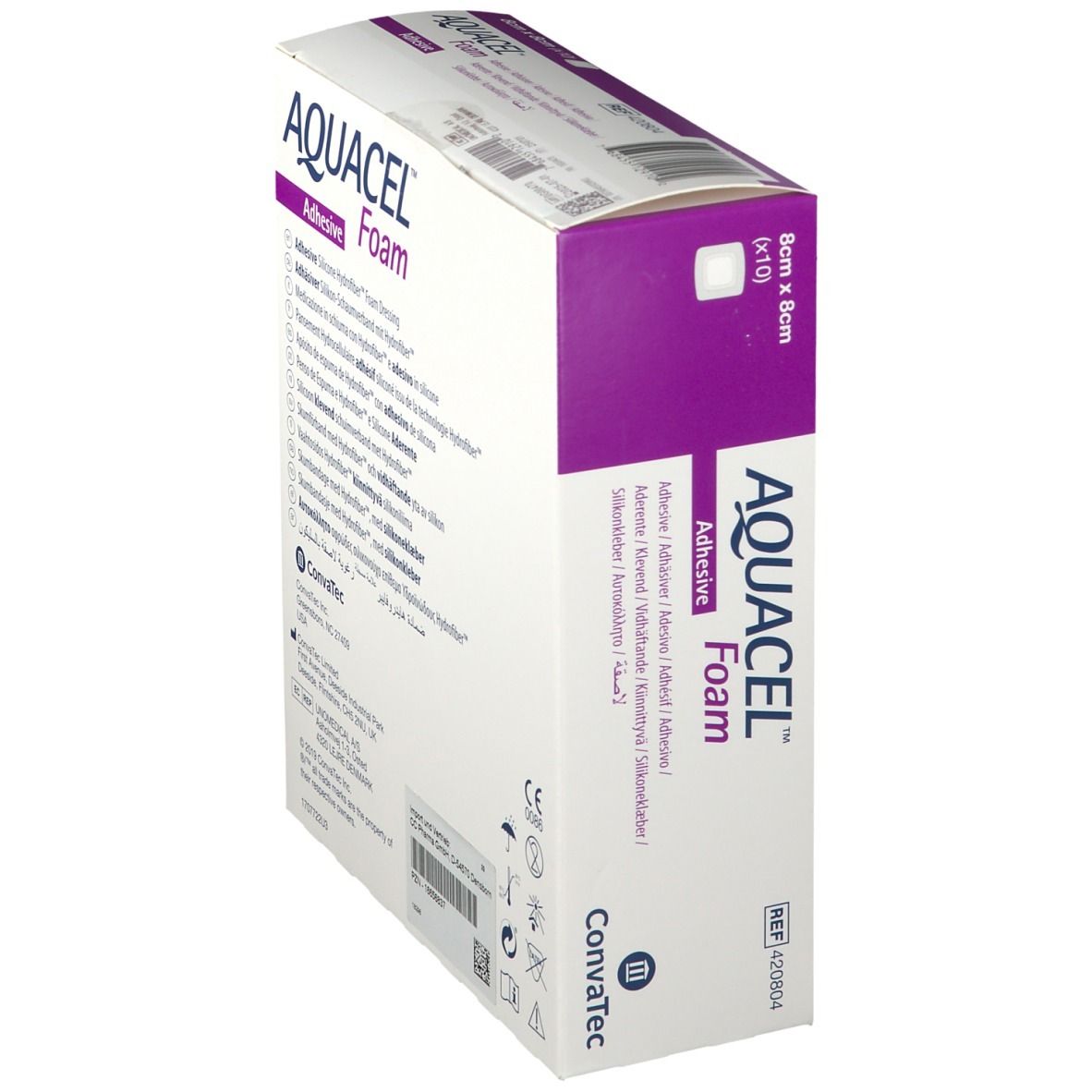 Confezione AQUACEL Foam Adhesive 8 x 8 cm, vista obliqua. Nome, dimensioni e logo visibili.