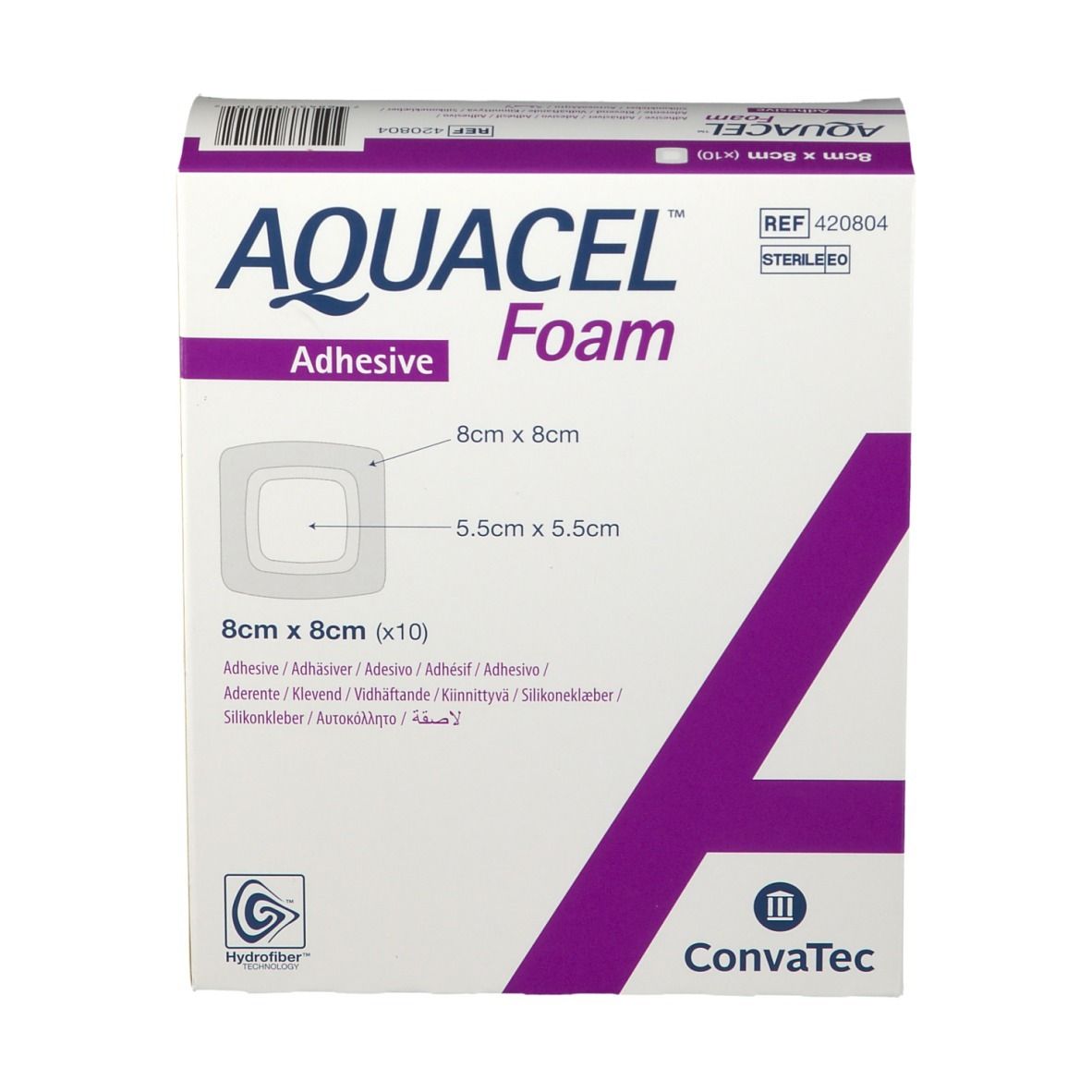 Confezione AQUACEL Foam Adhesive 8 x 8 cm, vista frontale. Immagine del prodotto, dimensioni e logo.