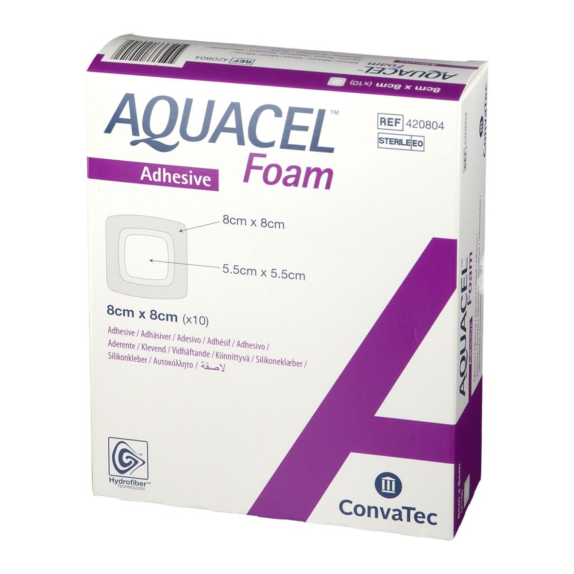 Confezione AQUACEL Foam Adhesive 8 x 8 cm, vista frontale. Immagine del prodotto, dimensioni e logo.
