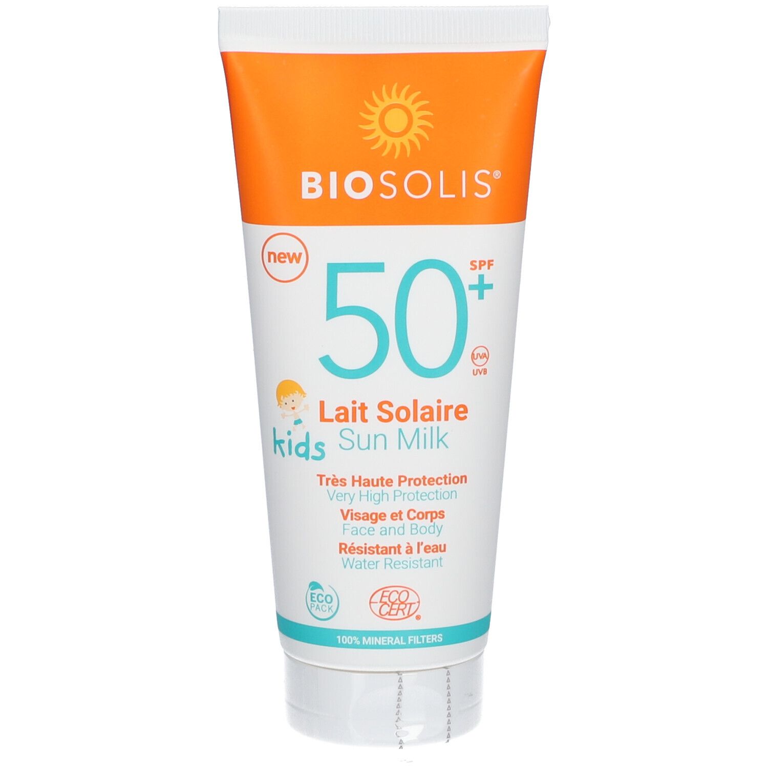 Tubo di Sun Milk Kids LSF 50+. Bianco, arancione e blu. Loghi e testo: BIOSOLIS, 50+ SPF, Lait Solaire, Sun Milk, Resistente all'acqua.