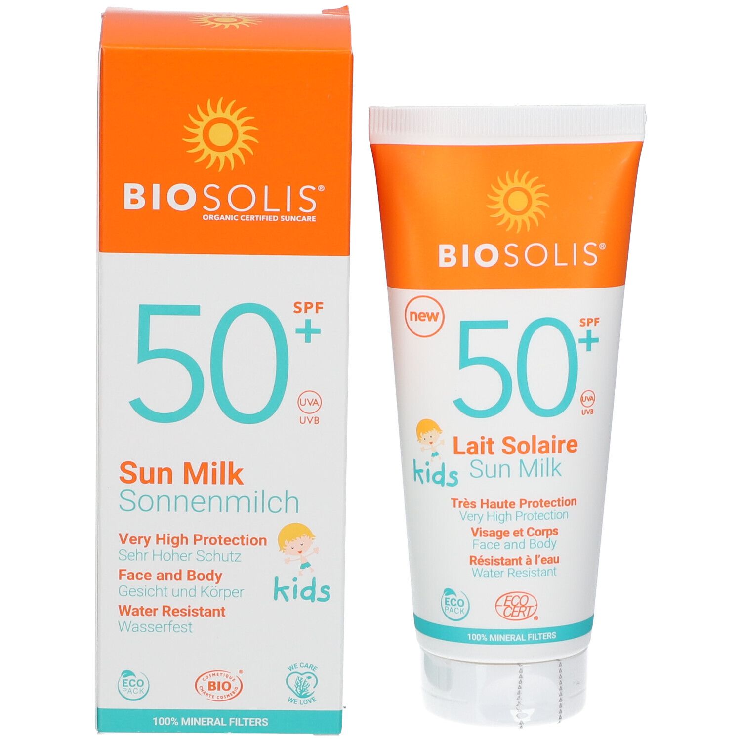 BIOSOLIS Sun Milk Kids LSF 50+ e confezione. Tubo e scatola. Arancione, bianco e blu. Loghi e testo: 50+ SPF, Sun Milk.