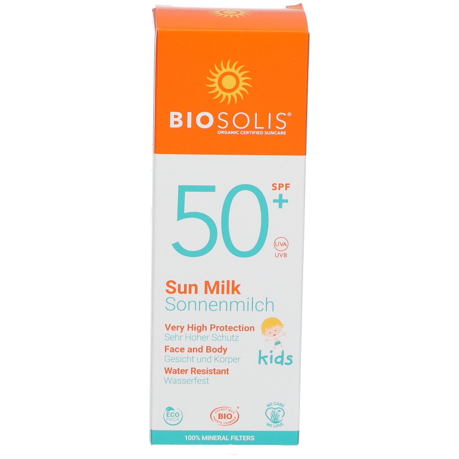 Confezione di Sun Milk Kids. Arancione, bianco e blu. Testo: BIOSOLIS, 50+ SPF, Sun Milk, Protezione molto alta. Loghi e illustrazione.