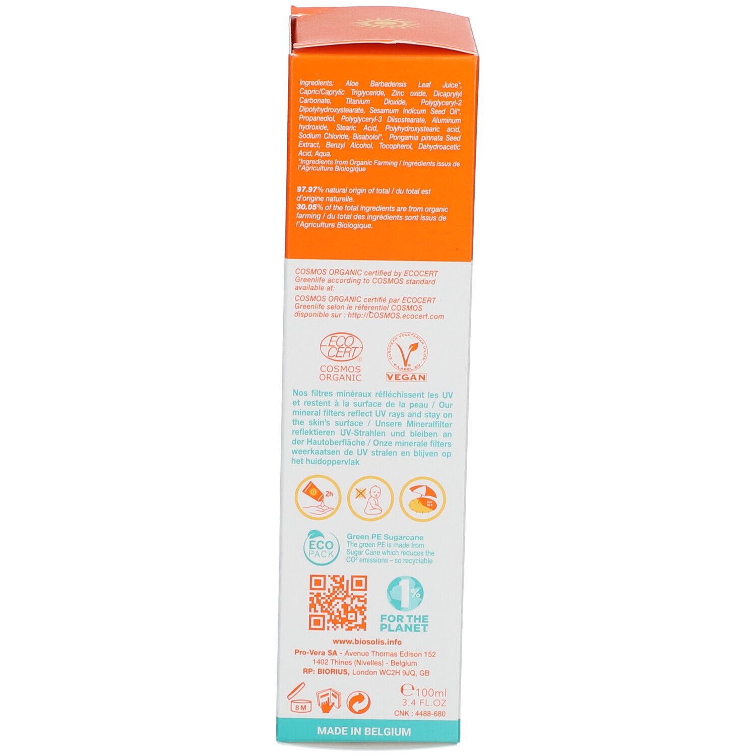 Retro della confezione di Sun Milk Kids. Testo multilingue. Loghi: ECO, COSMOS ORGANIC, Vegan. Codice QR e informazioni.