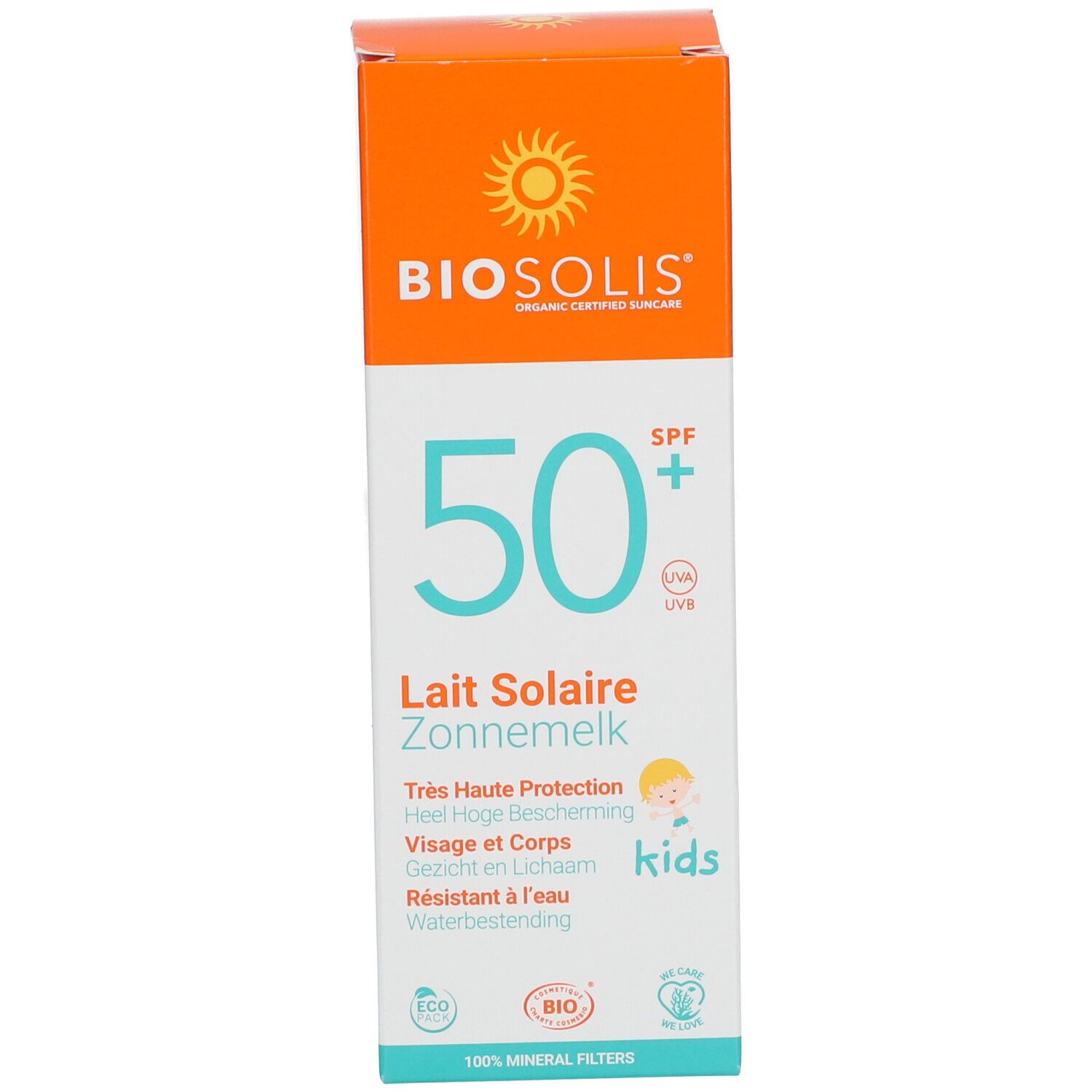 Confezione di Sun Milk Kids. Arancione, bianco e blu. Testo: BIOSOLIS, 50+ SPF, Lait Solaire, Zonnemelk, Protezione molto alta.
