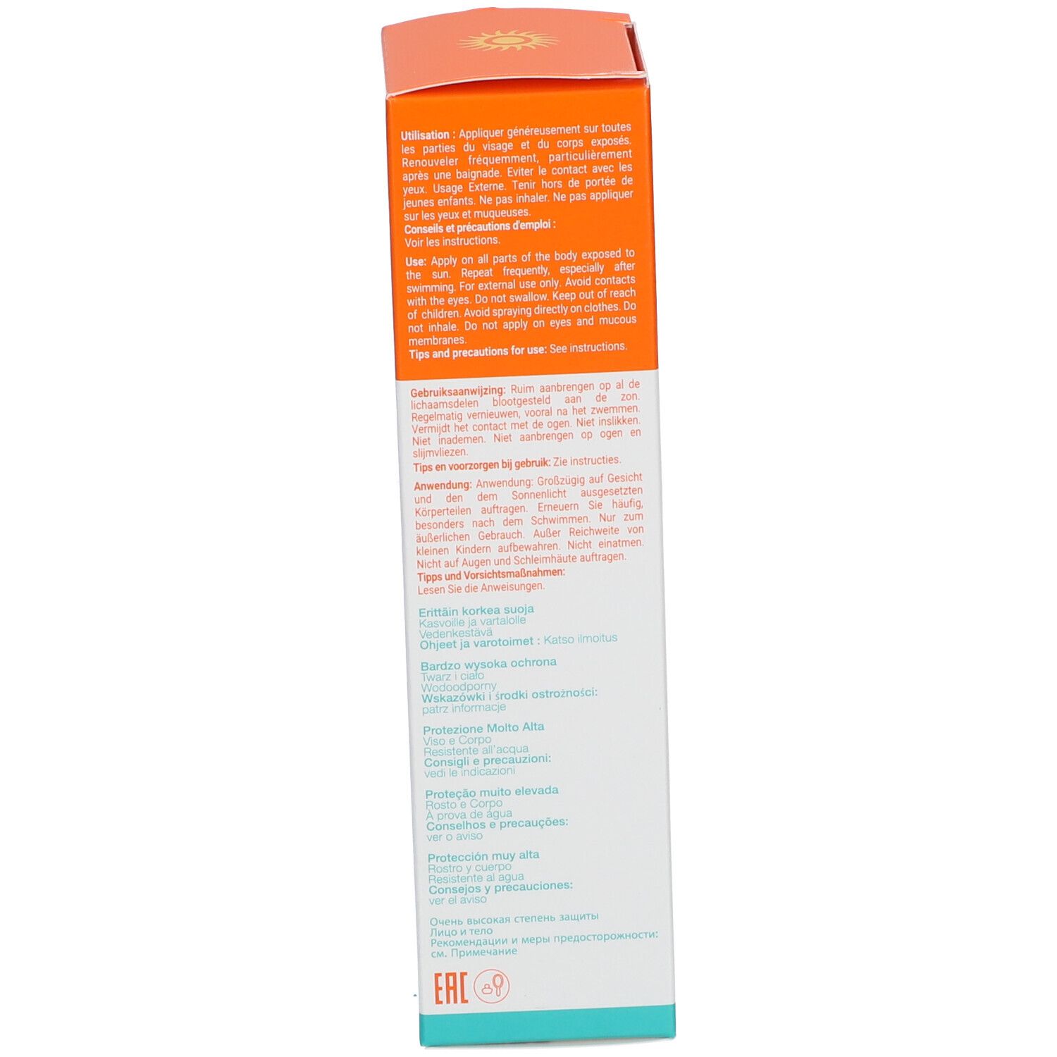 Lato della confezione di Sun Milk Kids. Testo multilingue. Avvertenze e consigli per l'uso. Loghi e informazioni.