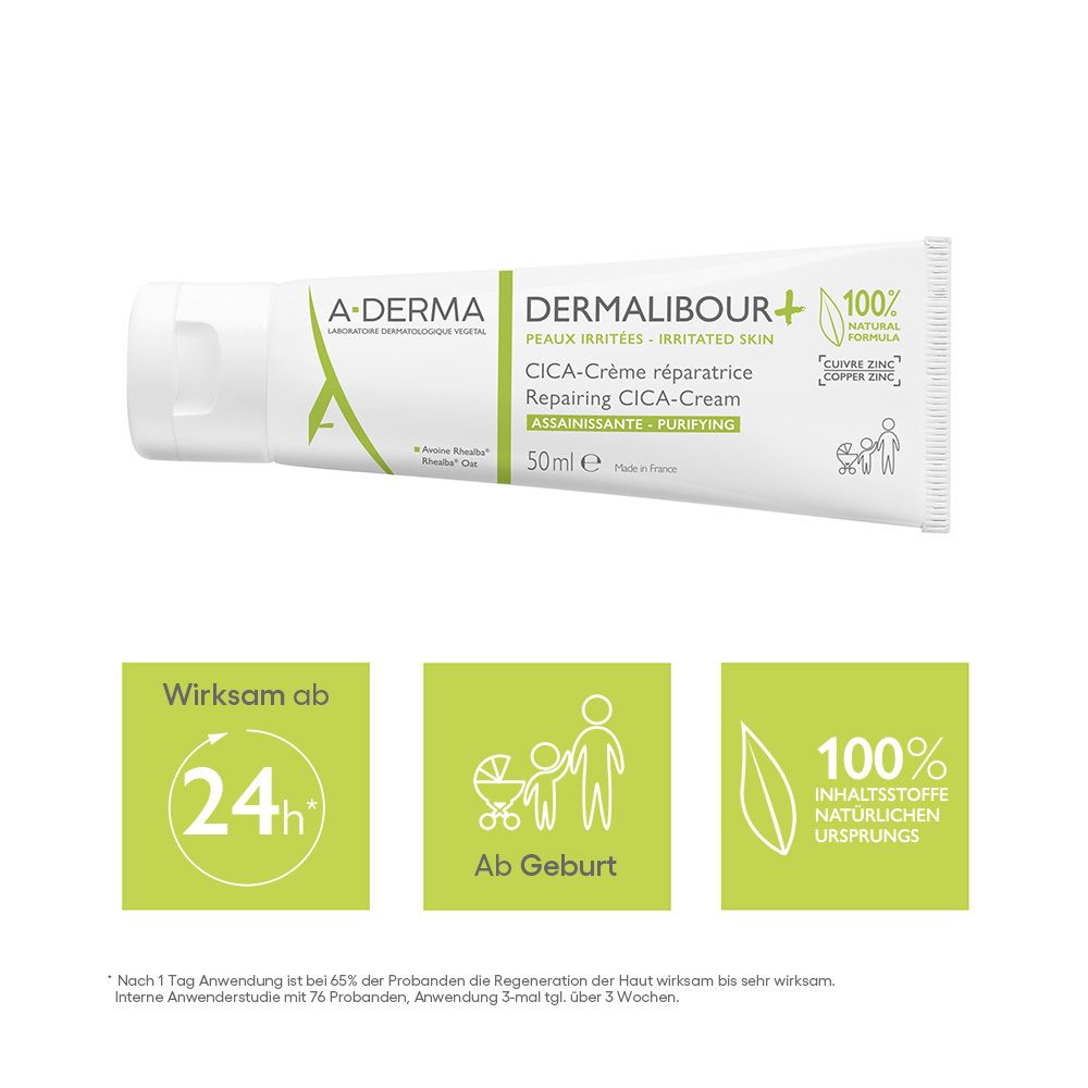 A-DERMA DERMALIBOUR+ CICA-Crema. Efficace in 24 ore. Dalla nascita. 100% ingredienti naturali. Illustrazioni.