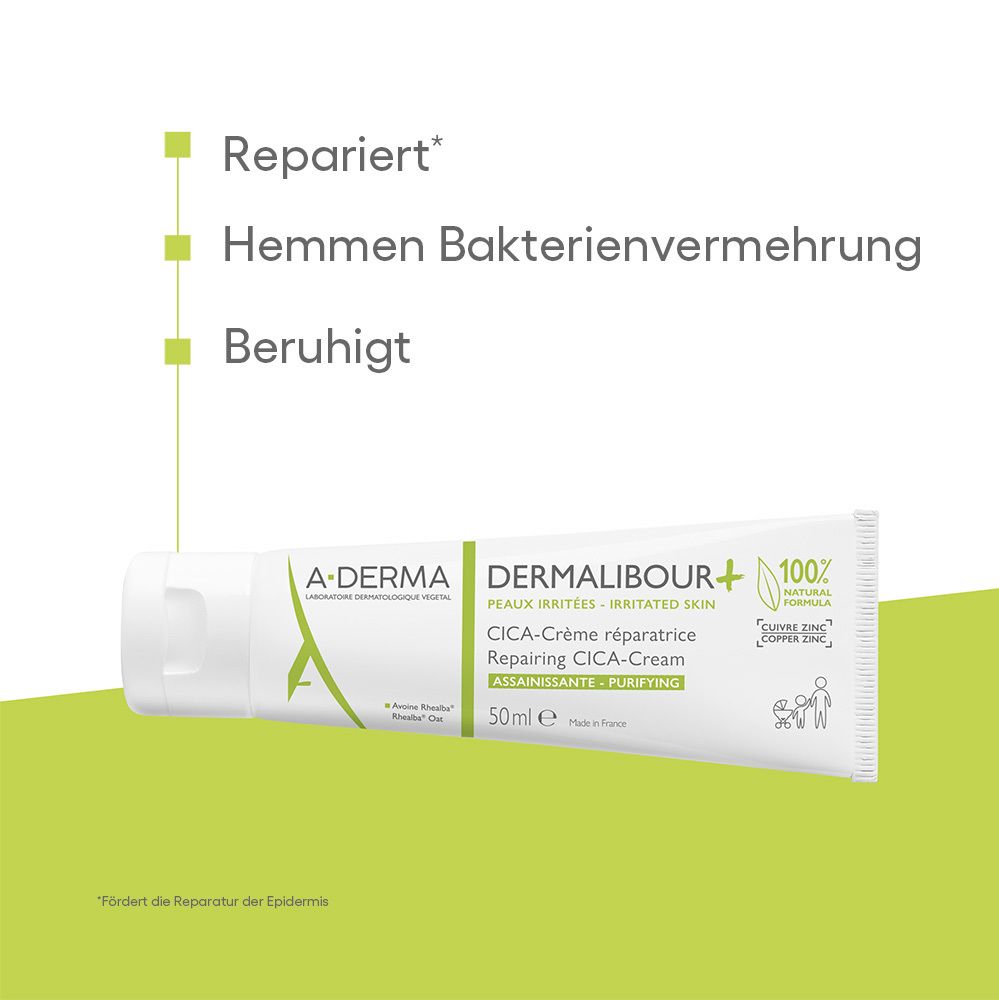 A-DERMA DERMALIBOUR+ CICA-Crema. Ripara, inibisce la proliferazione batterica, lenisce. Su sfondo verde.