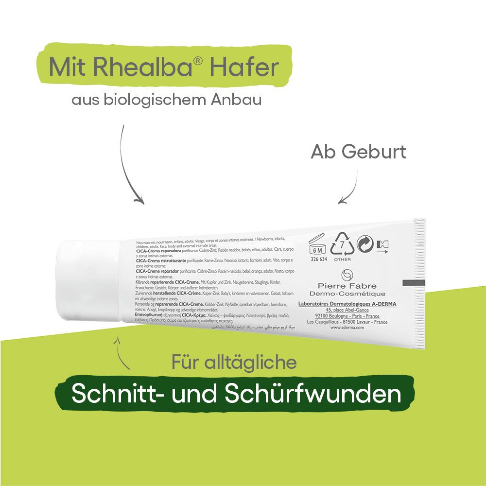 A-DERMA DERMALIBOUR+ CICA-Crema. Con Avena Rhealba da agricoltura biologica. Per tagli e abrasioni.