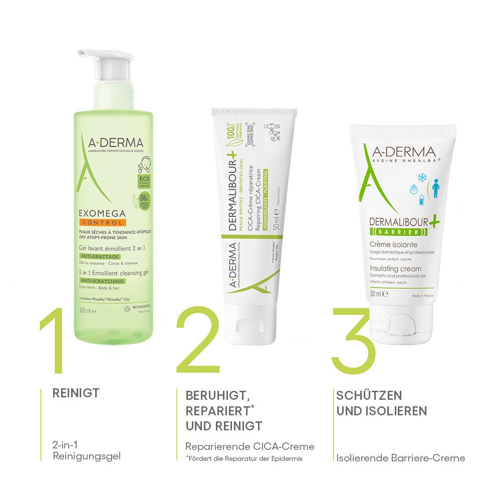 Prodotti A-DERMA: gel detergente 2-in-1, CICA-Crema, crema barriera isolante. Su sfondo bianco.