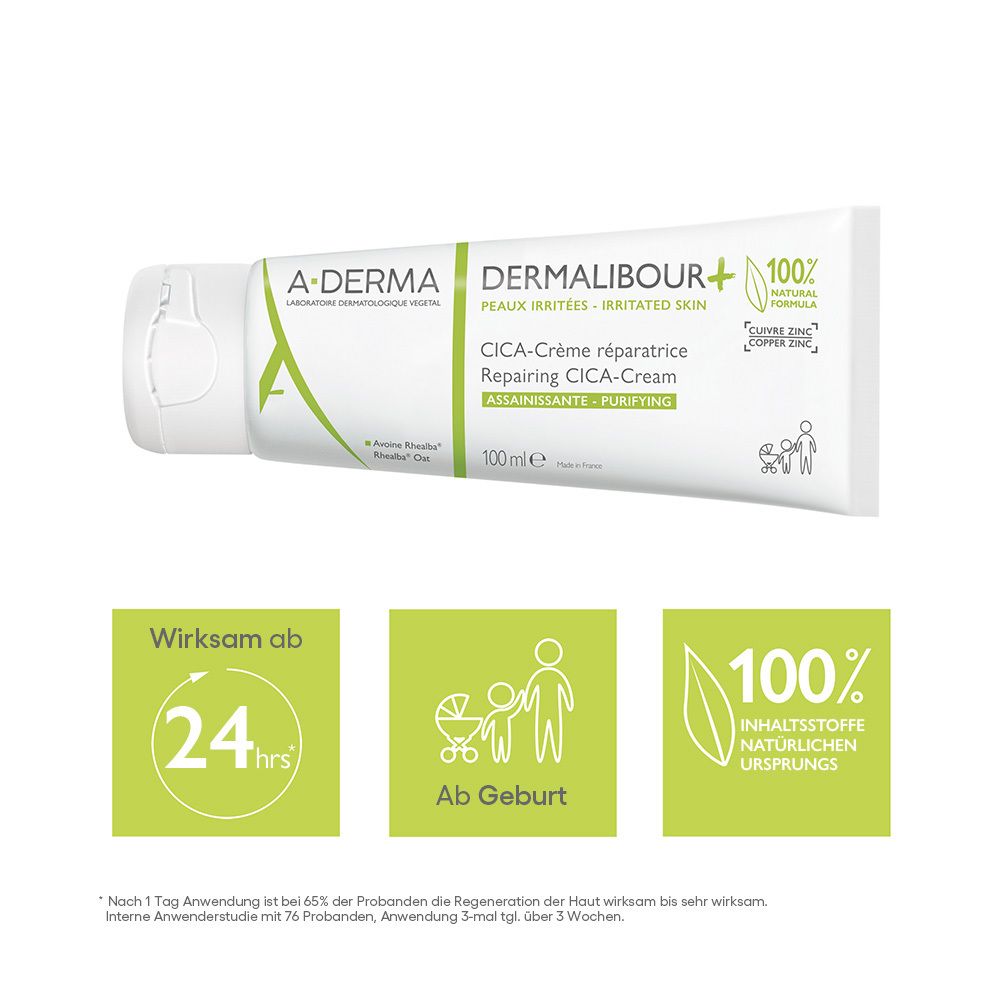 Tre quadrati verdi con testo. Efficace in 24 ore, dalla nascita, ingredienti naturali al 100%.