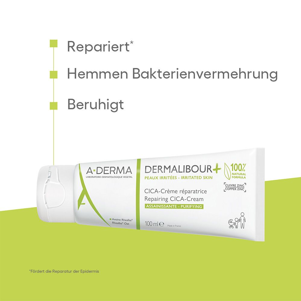 Testo su sfondo verde. Ripara, inibisce la proliferazione batterica, lenisce. A-DERMA DERMALIBOUR + Crema CICA.