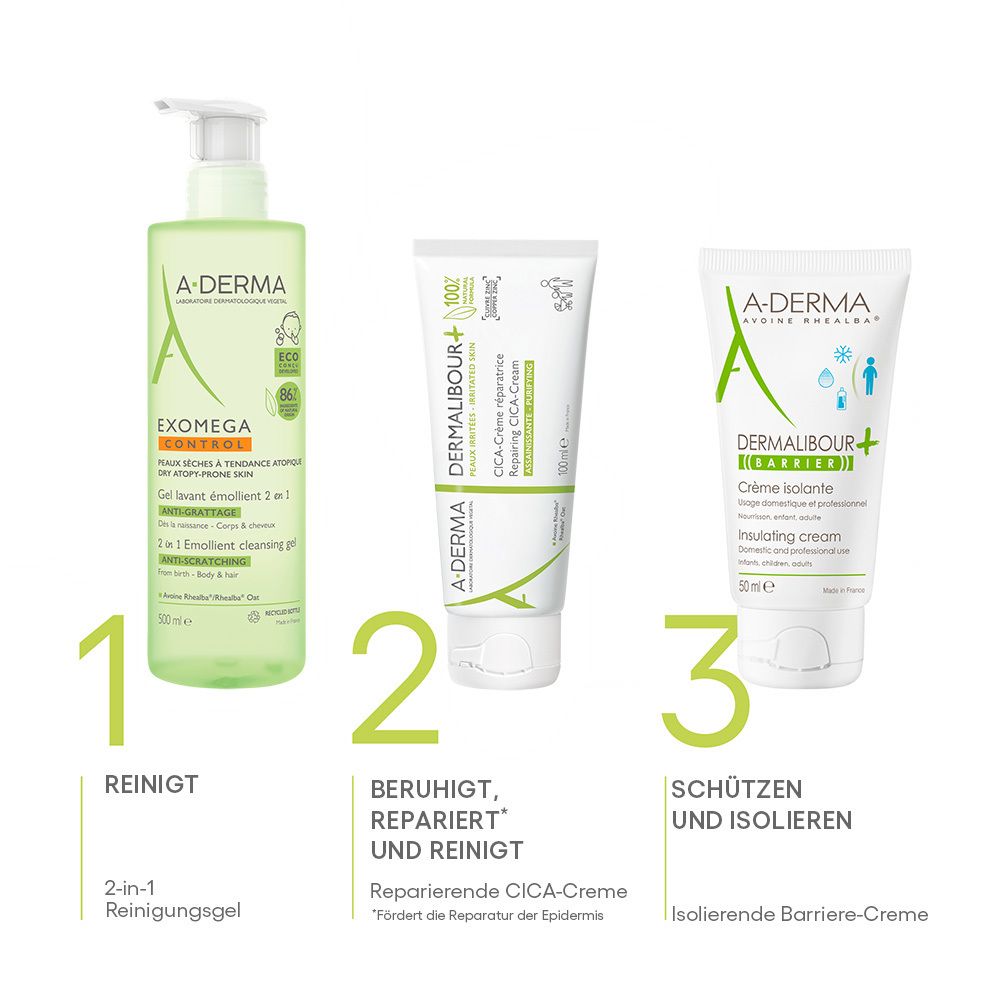 Tre prodotti per la cura della pelle A-Derma: detergente, crema CICA e crema barriera isolante.