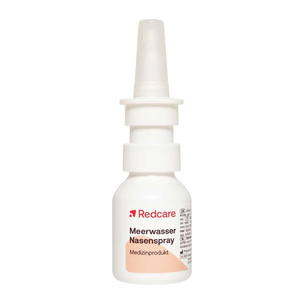 Redcare Meerwasser Nasenspray, flacone bianco con erogatore spray. Nome del prodotto e logo sull'etichetta.