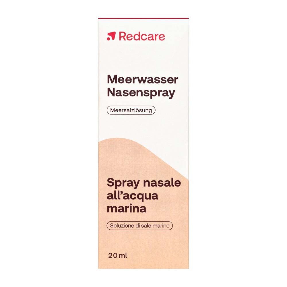 Confezione di Redcare Meerwasser Nasenspray. Scatola con nome del prodotto e informazioni.
