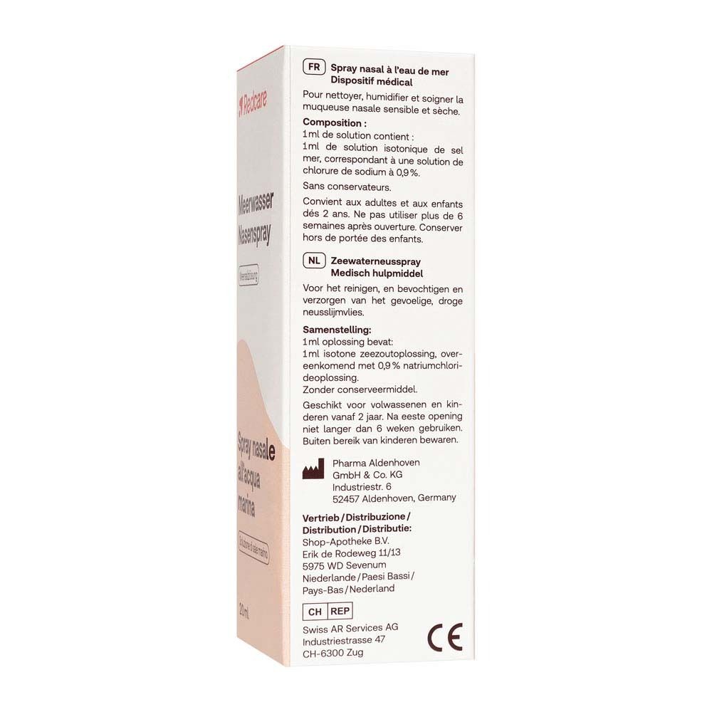 Retro della confezione di Redcare Meerwasser Nasenspray. Testo in tedesco, italiano, olandese e francese.